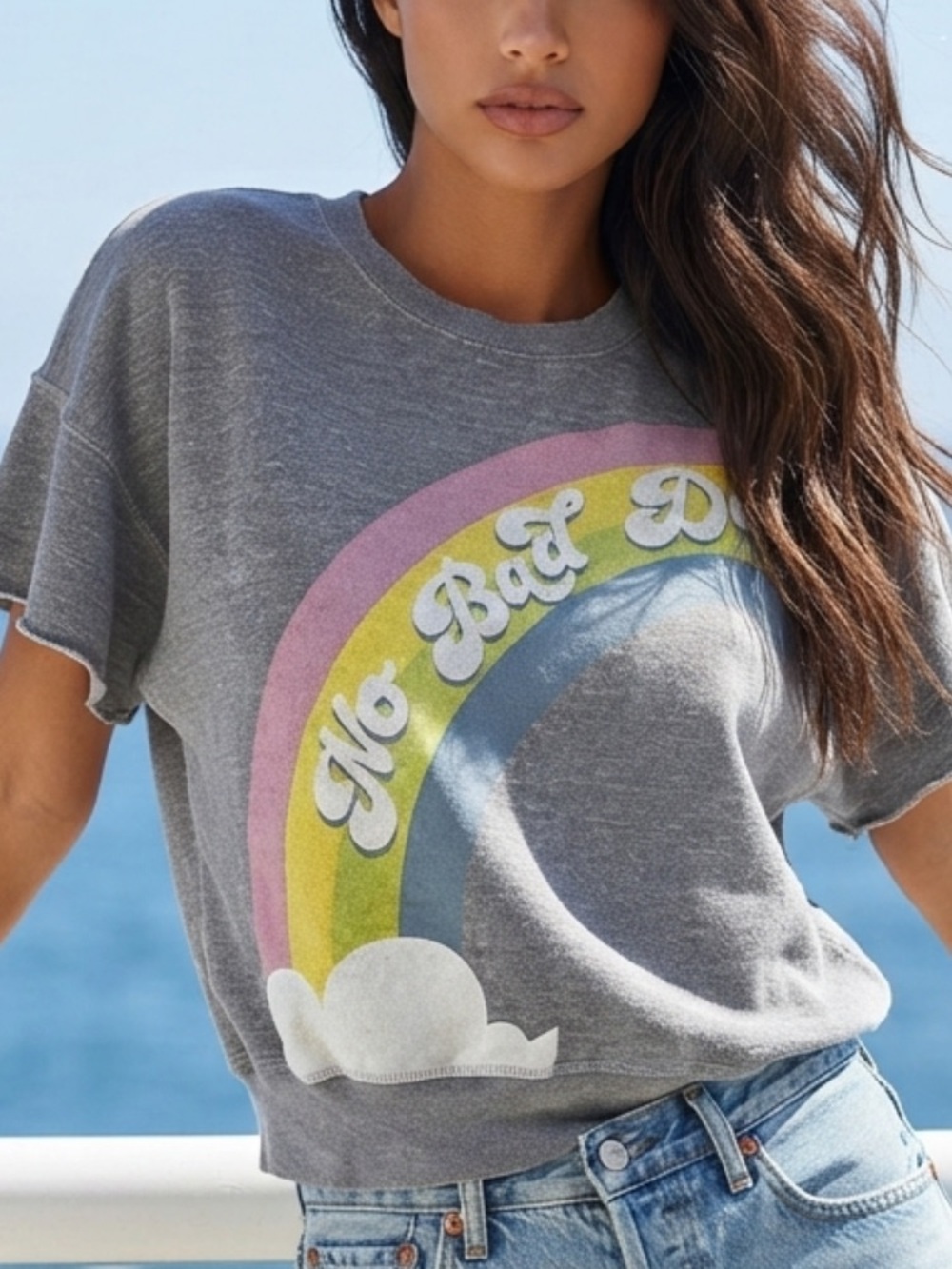Wildfox No Bad Days fleece short sleeve oversized rainbow sweatshirt NWT size xs